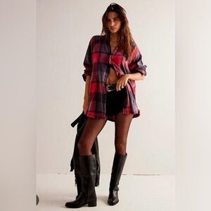 Free People Red and Black Plaid Top
